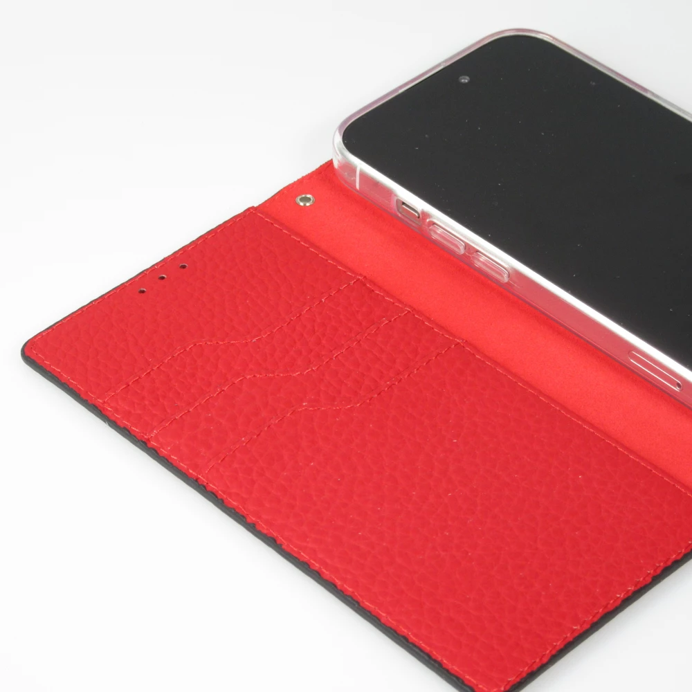 iPhone 15 Case H&uuml;lle - Flip 3D echtes genarbtes Rindsleder - Schwarz/rot