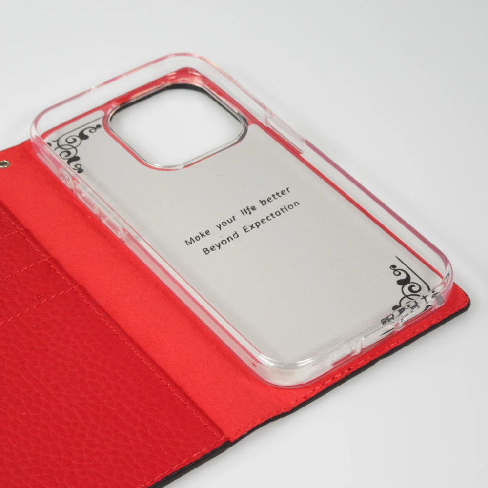 iPhone 15 Case H&uuml;lle - Flip 3D echtes genarbtes Rindsleder - Schwarz/rot