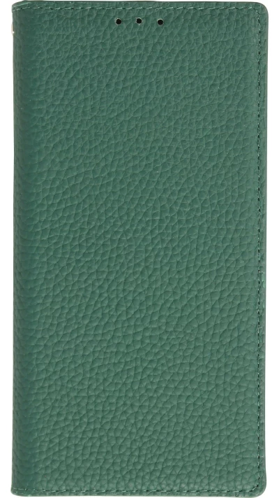 iPhone 15 Case H&uuml;lle - Flip 3D echtes genarbtes Rindsleder - Gr&uuml;n