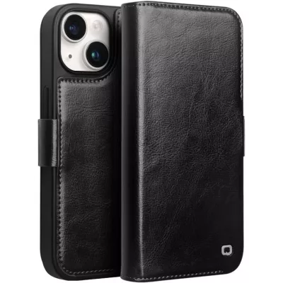 Fourre iPhone 15 Plus - Flip Qialino cuir véritable avec fermeture magnétique - Noir