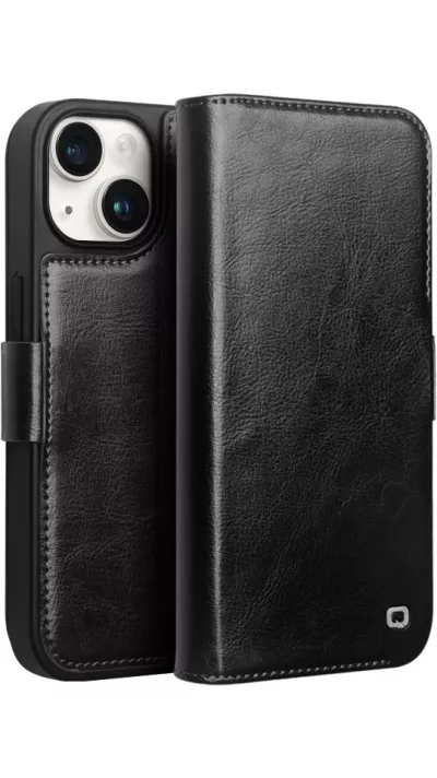 Fourre iPhone 15 Plus - Flip Qialino cuir véritable avec fermeture magnétique - Noir