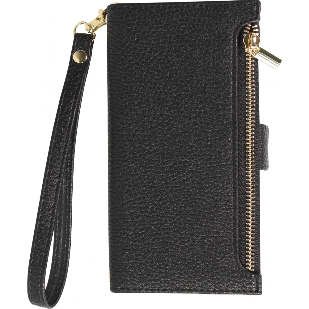 Fourre iPhone 15 - Flip Wallet en cuir v&eacute;g&eacute;tal avec portefeuille et fermeture magn&eacute;tique - Noir
