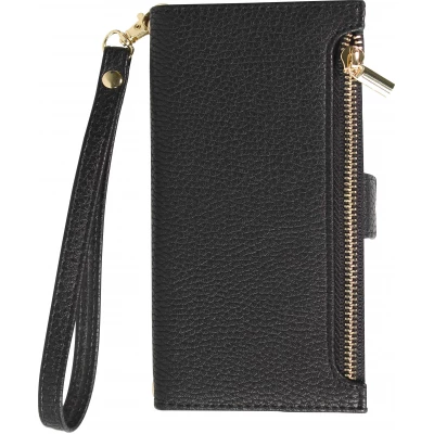 Fourre iPhone 15 - Flip Wallet en cuir v&eacute;g&eacute;tal avec portefeuille et fermeture magn&eacute;tique - Noir