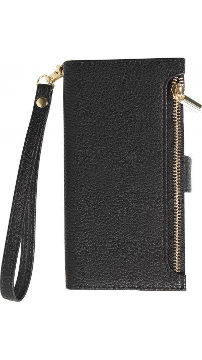 iPhone 15 Case H&uuml;lle - Flip Wallet aus veganem Leder mit Brieftasche und Magnetverschluss - Schwarz