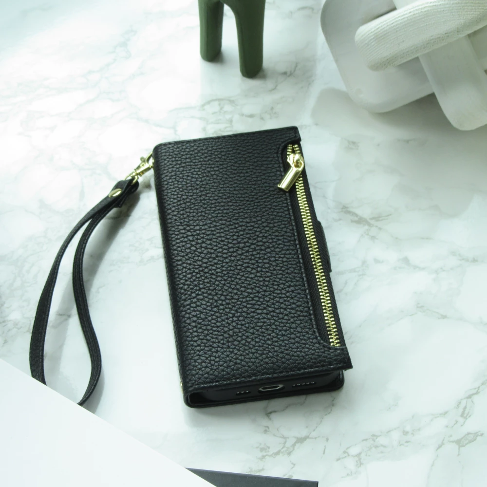 Fourre iPhone 15 - Flip Wallet en cuir v&eacute;g&eacute;tal avec portefeuille et fermeture magn&eacute;tique - Noir