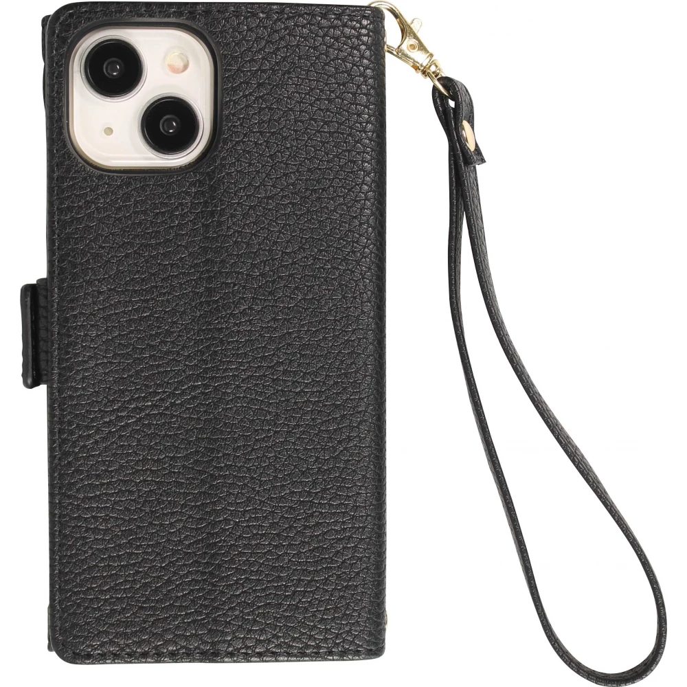 Fourre iPhone 15 - Flip Wallet en cuir v&eacute;g&eacute;tal avec portefeuille et fermeture magn&eacute;tique - Noir