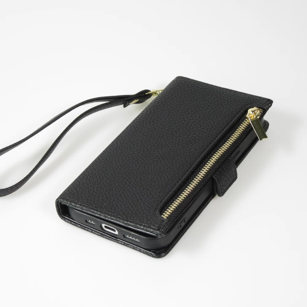 Fourre iPhone 15 - Flip Wallet en cuir v&eacute;g&eacute;tal avec portefeuille et fermeture magn&eacute;tique - Noir