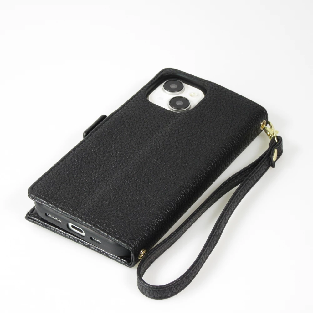 Fourre iPhone 15 - Flip Wallet en cuir v&eacute;g&eacute;tal avec portefeuille et fermeture magn&eacute;tique - Noir