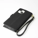 Fourre iPhone 15 - Flip Wallet en cuir v&eacute;g&eacute;tal avec portefeuille et fermeture magn&eacute;tique - Noir