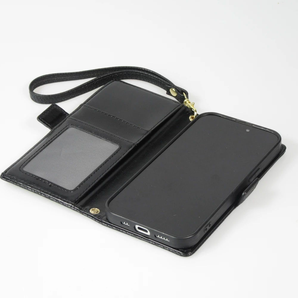 Fourre iPhone 15 - Flip Wallet en cuir v&eacute;g&eacute;tal avec portefeuille et fermeture magn&eacute;tique - Noir