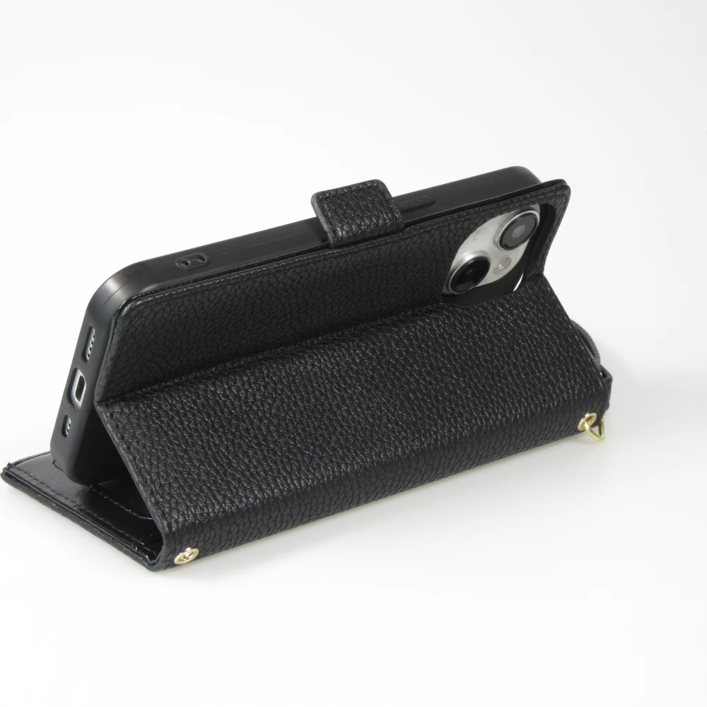 Fourre iPhone 15 - Flip Wallet en cuir v&eacute;g&eacute;tal avec portefeuille et fermeture magn&eacute;tique - Noir