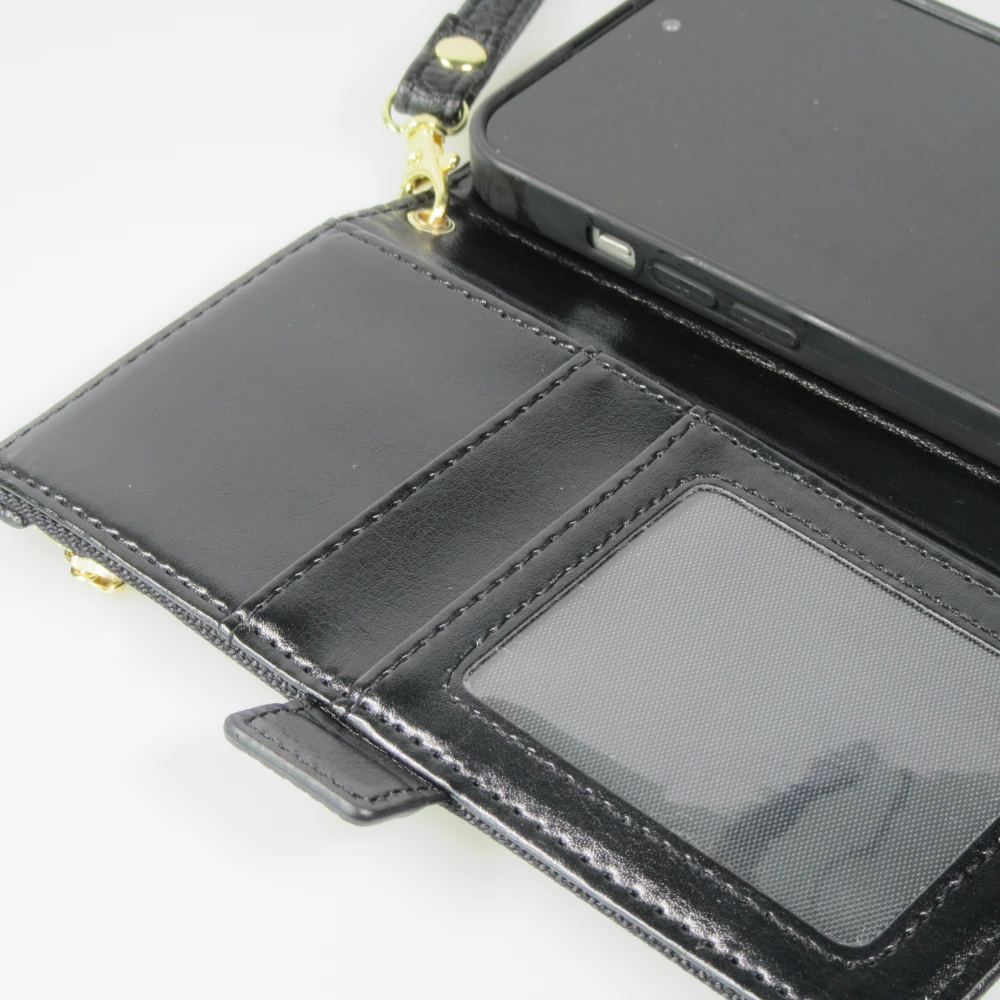 Fourre iPhone 15 - Flip Wallet en cuir v&eacute;g&eacute;tal avec portefeuille et fermeture magn&eacute;tique - Noir