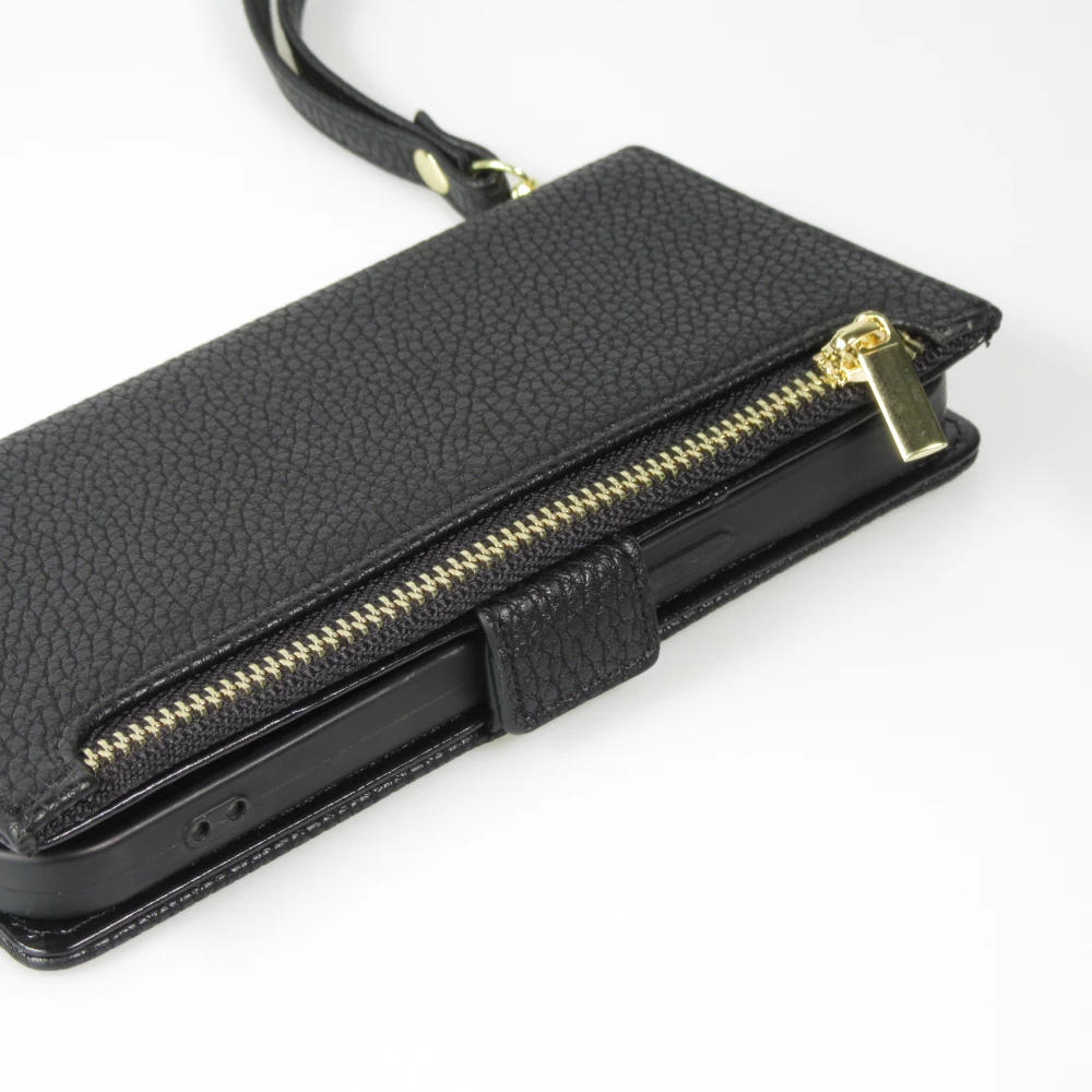 Fourre iPhone 15 - Flip Wallet en cuir v&eacute;g&eacute;tal avec portefeuille et fermeture magn&eacute;tique - Noir