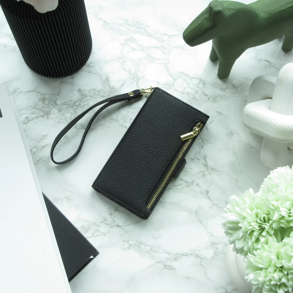Fourre iPhone 15 - Flip Wallet en cuir v&eacute;g&eacute;tal avec portefeuille et fermeture magn&eacute;tique - Noir