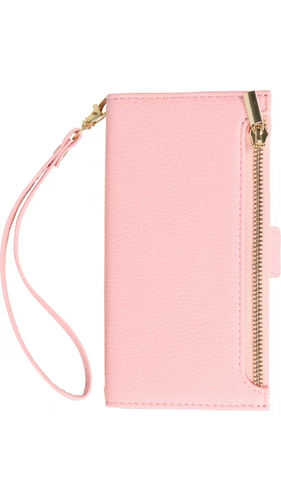 Fourre iPhone 15 - Flip Wallet en cuir v&eacute;g&eacute;tal avec portefeuille et fermeture magn&eacute;tique - Rose