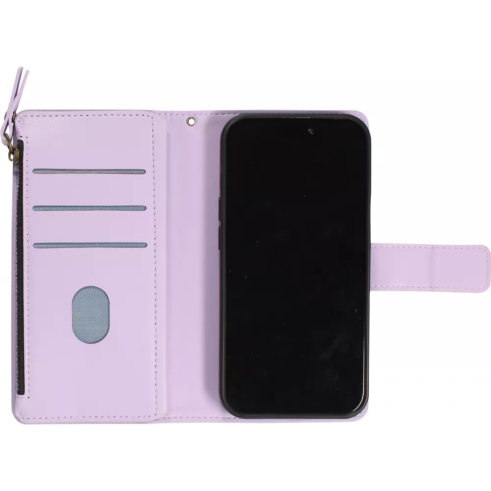 Fourre iPhone 15 Pro - Etui portefeuille luxueux et sophistiqué en cuir avec aimant et compartiment à monnaie - Violet clair
