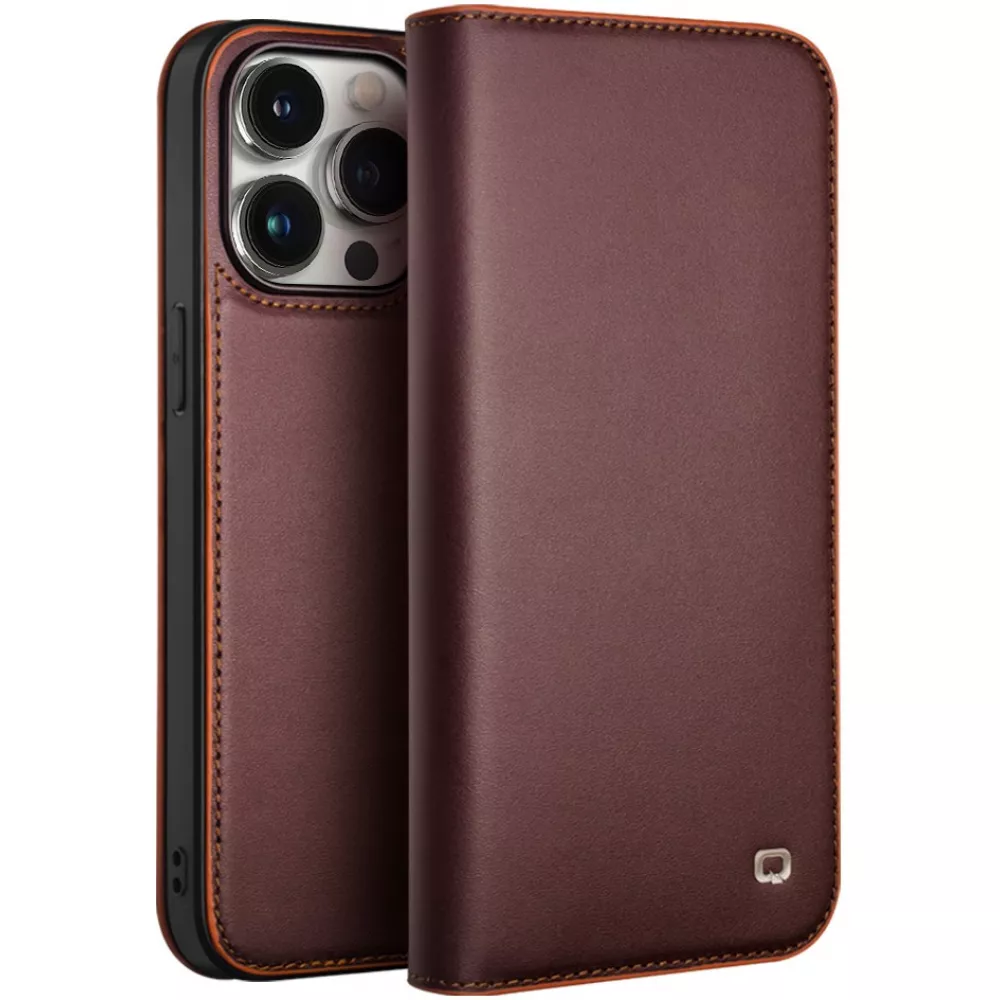iPhone 15 Pro Case Hülle - Qialino Flip Echtleder - Matt dunkelbraun