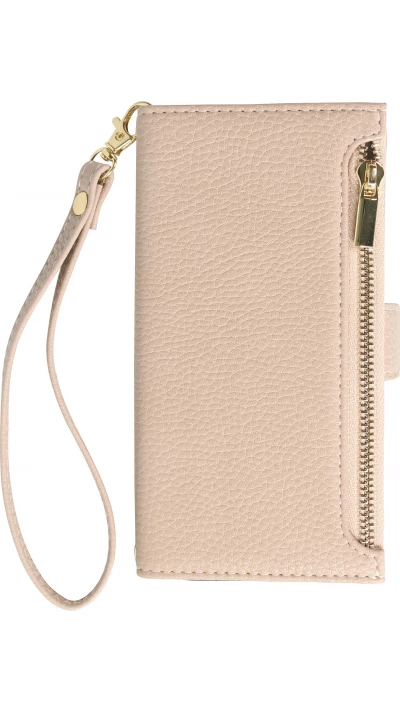 Fourre iPhone 15 Pro Max - Flip Wallet en cuir v&eacute;g&eacute;tal avec portefeuille et fermeture magn&eacute;tique - Beige