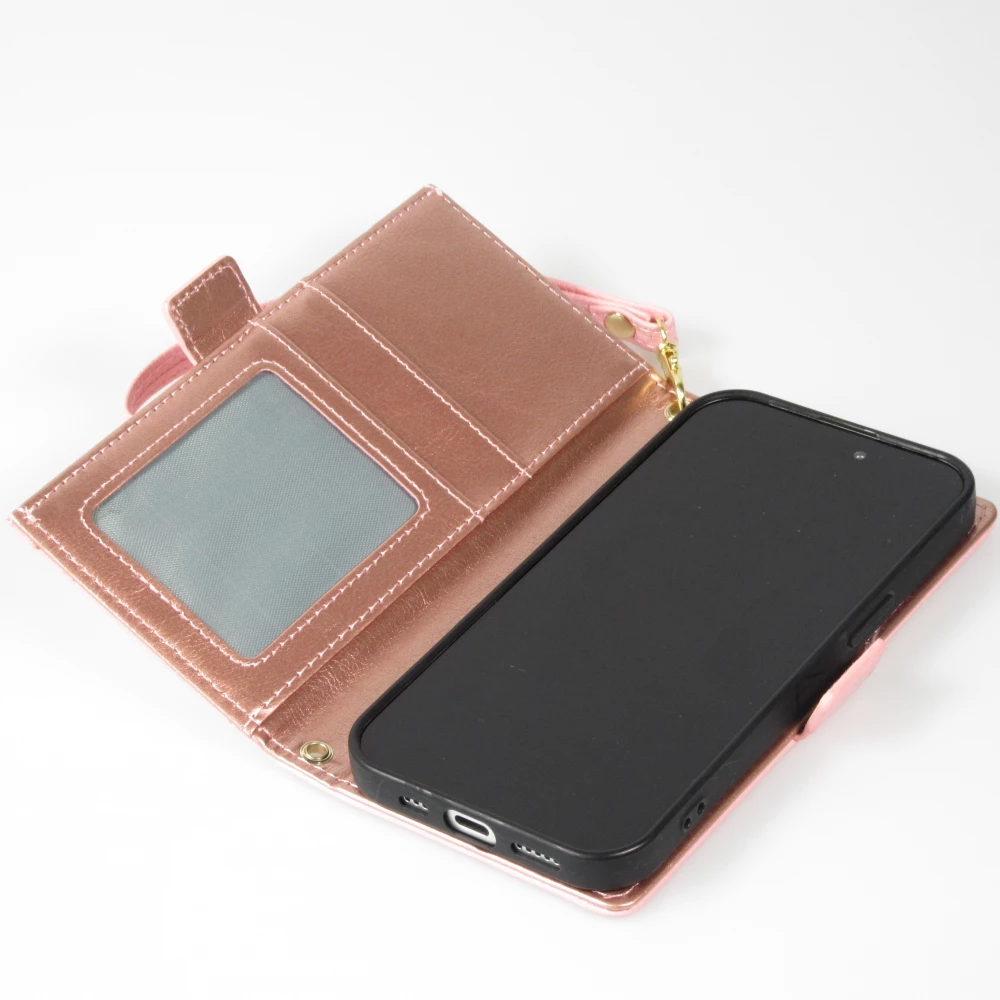Fourre iPhone 15 Pro - Flip Wallet en cuir végétal avec portefeuille et fermeture magnétique - Violet