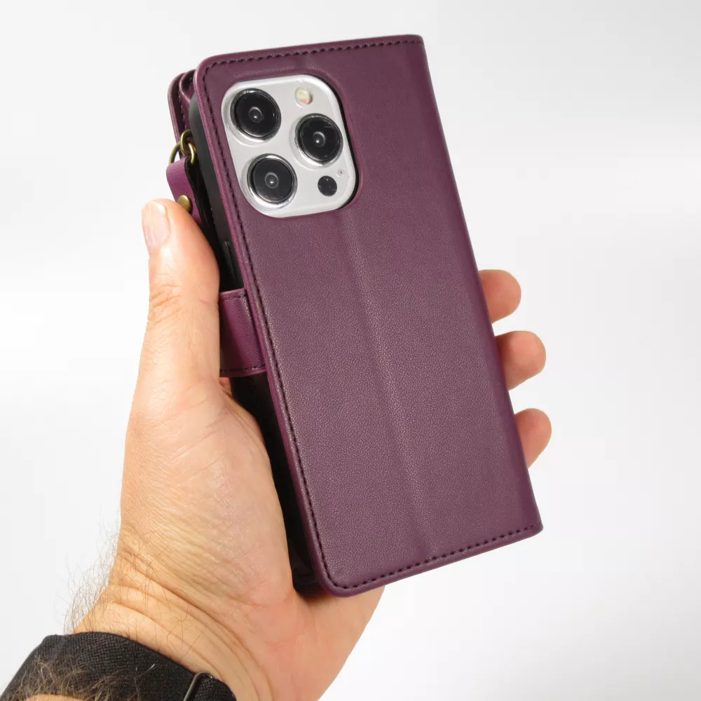 Fourre iPhone 15 Pro Max - Etui portefeuille luxueux et sophistiqué en cuir avec aimant et compartiment à monnaie - Violet foncé