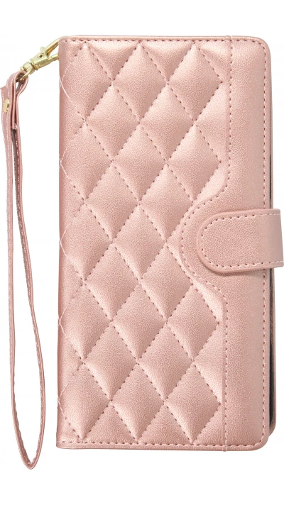 Fourre iPhone 16 - Flip matelass&eacute; &eacute;l&eacute;gant avec fermeture magn&eacute;tique et lani&egrave;re et emplacements pour cartes - Or rose