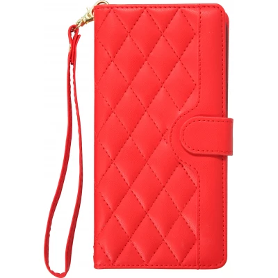 Fourre iPhone 16 - Flip matelass&eacute; &eacute;l&eacute;gant avec fermeture magn&eacute;tique et lani&egrave;re et emplacements pour cartes - Rouge
