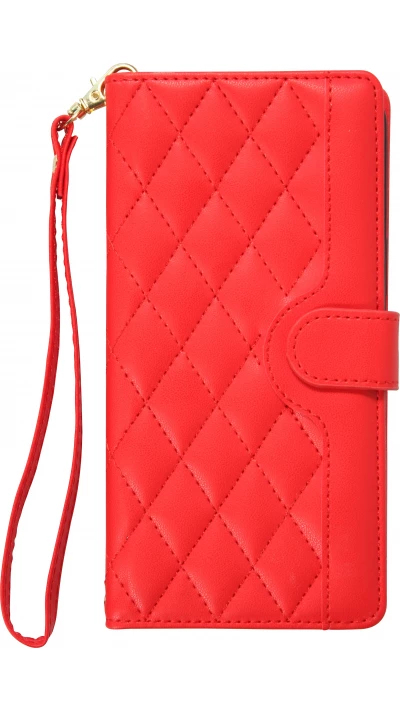 Fourre iPhone 16 - Flip matelass&eacute; &eacute;l&eacute;gant avec fermeture magn&eacute;tique et lani&egrave;re et emplacements pour cartes - Rouge