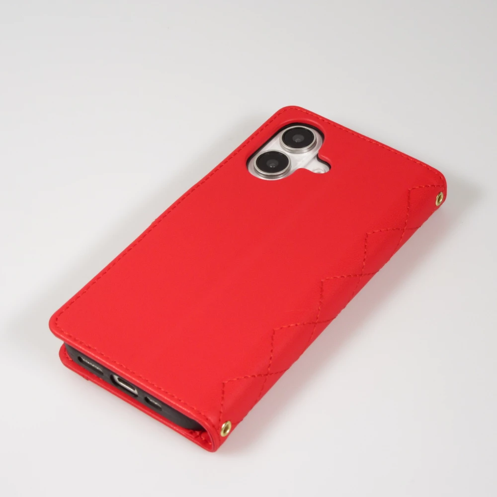 iPhone 16 Case H&uuml;lle - Elegante Flip-Matratze mit Magnetverschluss Trageschlaufe und Kartenf&auml;chern - Rot