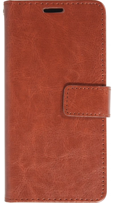 Fourre iPhone 16 - Premium Flip cuir lisse porte-cartes - Brun