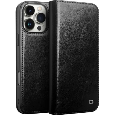 Fourre iPhone 16 Pro Max - Flip Qialino Classic Wallet cuir véritable - Noir