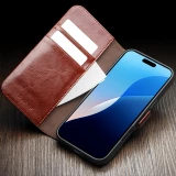 iPhone 16 Pro Case Hülle - Flip Qialino Echtleder mit magnetischem Verschluss - Braun