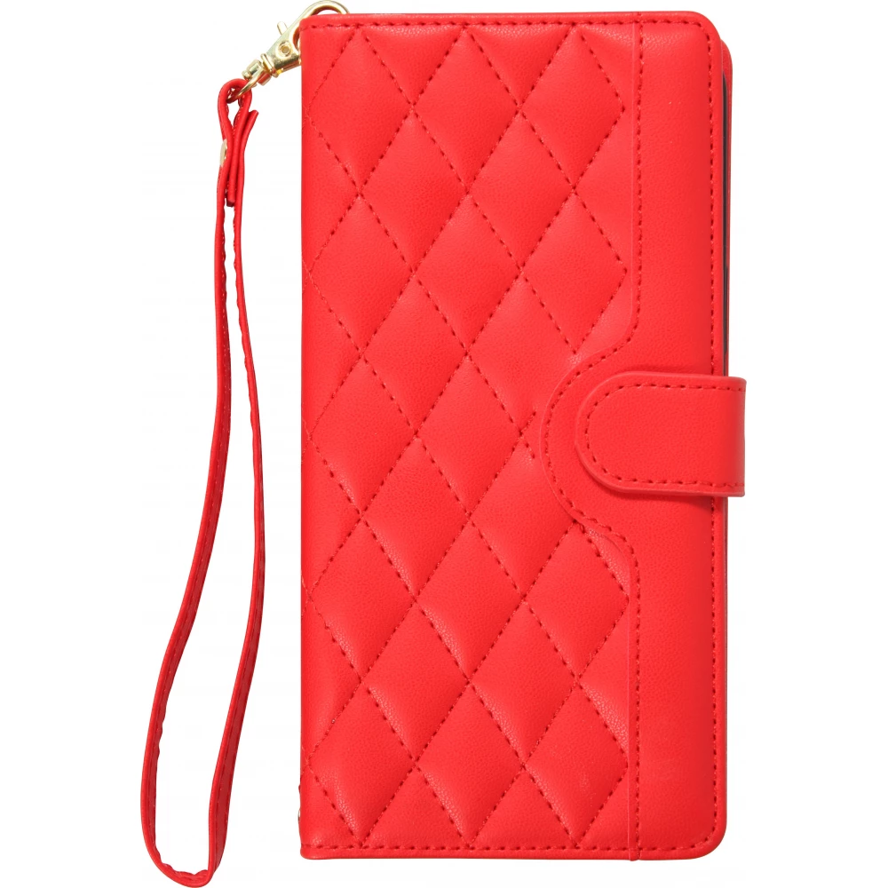 Fourre iPhone 16 Pro - Flip matelass&eacute; &eacute;l&eacute;gant avec fermeture magn&eacute;tique et lani&egrave;re et emplacements pour cartes - Rouge