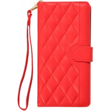 Fourre iPhone 16 Pro - Flip matelass&eacute; &eacute;l&eacute;gant avec fermeture magn&eacute;tique et lani&egrave;re et emplacements pour cartes - Rouge