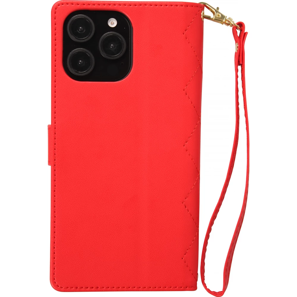 Fourre iPhone 16 Pro - Flip matelass&eacute; &eacute;l&eacute;gant avec fermeture magn&eacute;tique et lani&egrave;re et emplacements pour cartes - Rouge