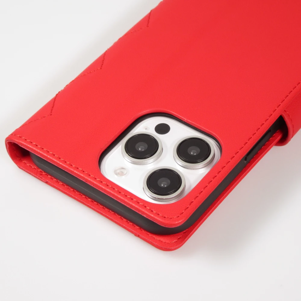 Fourre iPhone 16 Pro - Flip matelass&eacute; &eacute;l&eacute;gant avec fermeture magn&eacute;tique et lani&egrave;re et emplacements pour cartes - Rouge