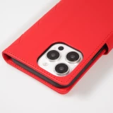 Fourre iPhone 16 Pro - Flip matelass&eacute; &eacute;l&eacute;gant avec fermeture magn&eacute;tique et lani&egrave;re et emplacements pour cartes - Rouge