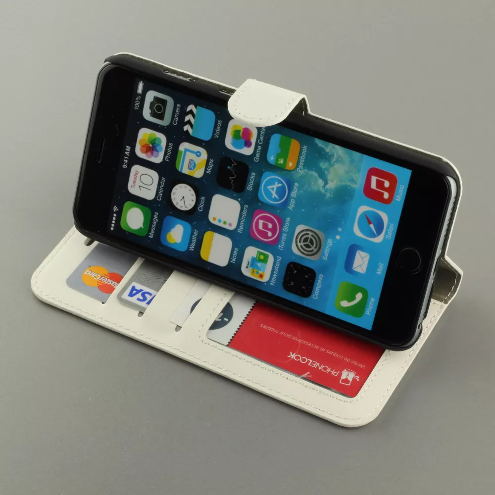 Fourre iPhone 17e / 16e - Premium Flip cuir lisse porte-cartes - Blanc