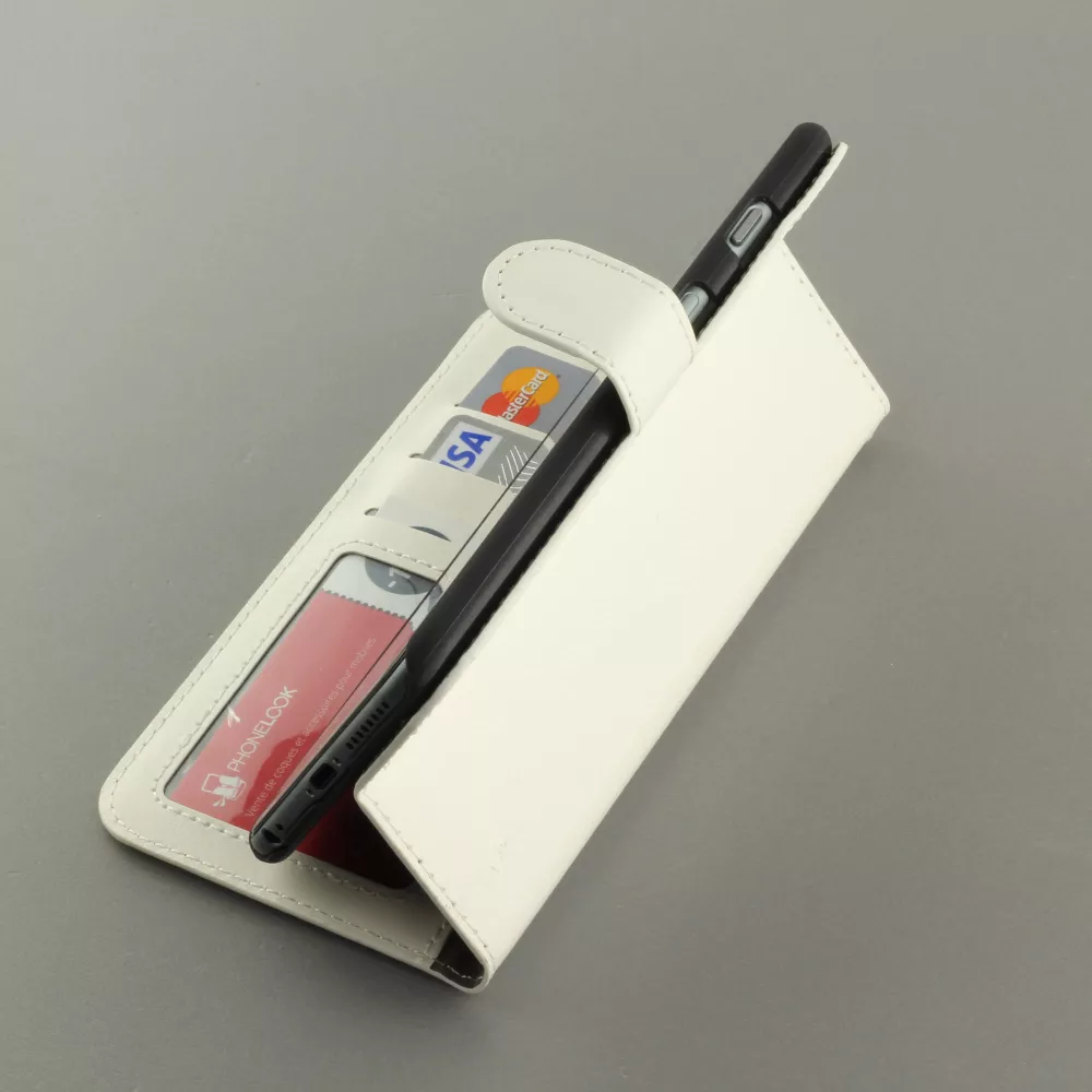 Fourre iPhone 17e / 16e - Premium Flip cuir lisse porte-cartes - Blanc