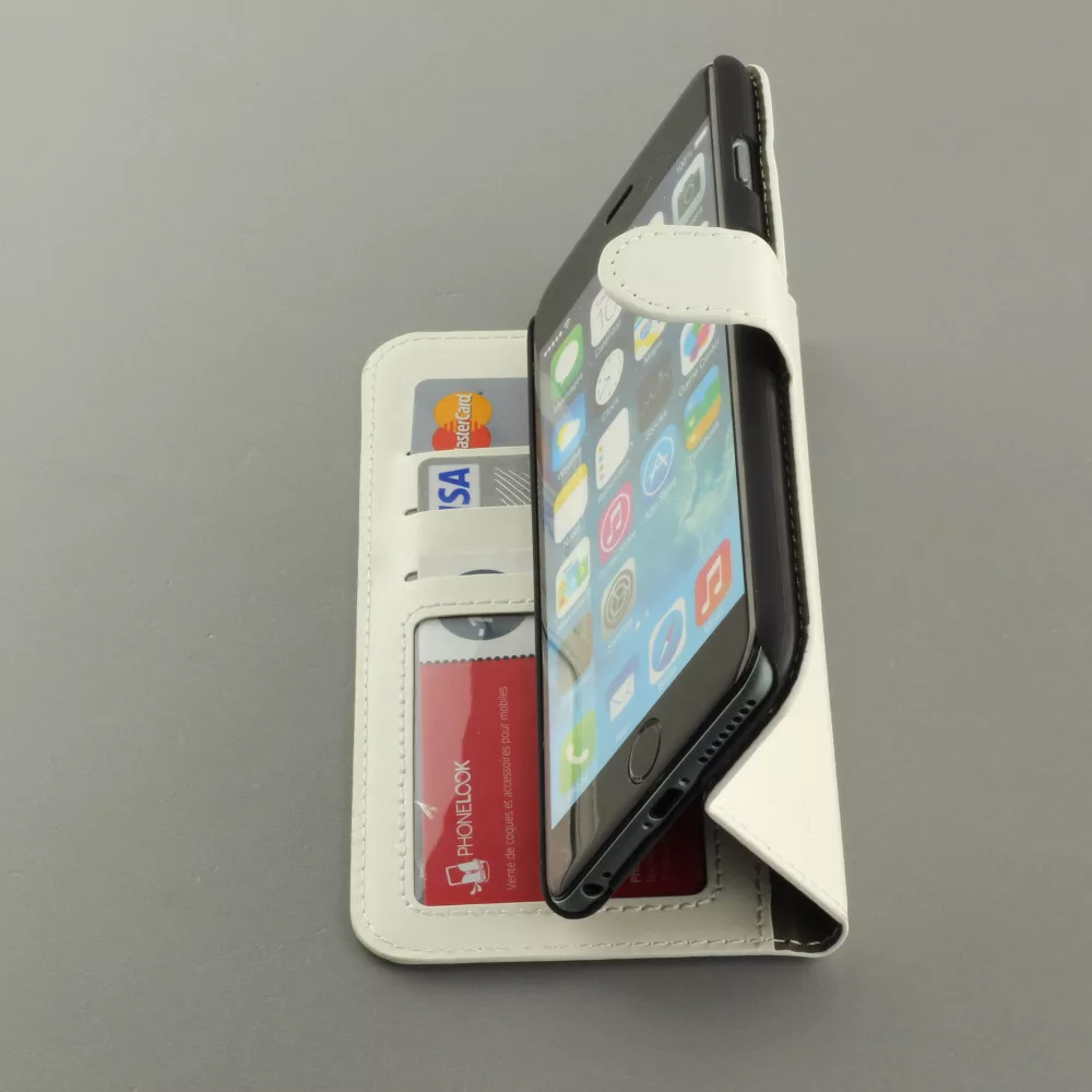 Fourre iPhone 17e / 16e - Premium Flip cuir lisse porte-cartes - Blanc