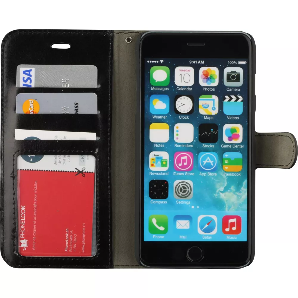 Fourre iPhone 17e / 16e - Premium Flip cuir lisse porte-cartes - Noir