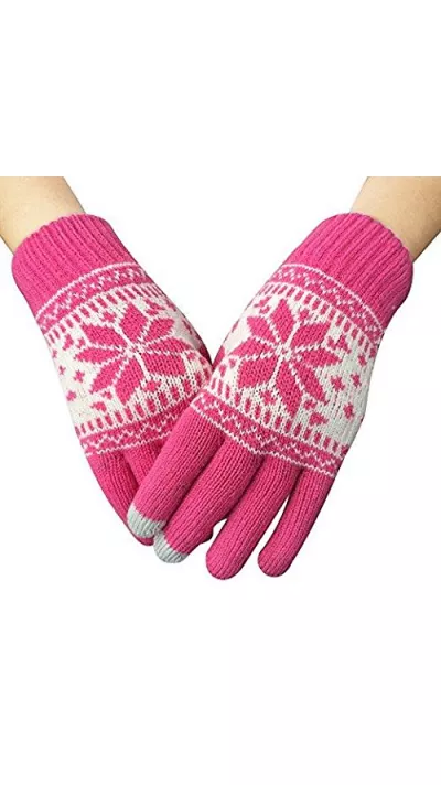 Gants tactiles d'hiver en tricot "Snowflake" avec compatibilité avec les écrans de smartphones et tablettes - Rose