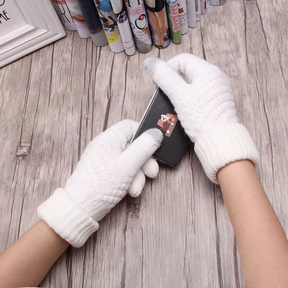 Gants tactiles d'hiver en tricot pour femme avec compatibilité avec les écrans de smartphones et tablettes - Blanc
