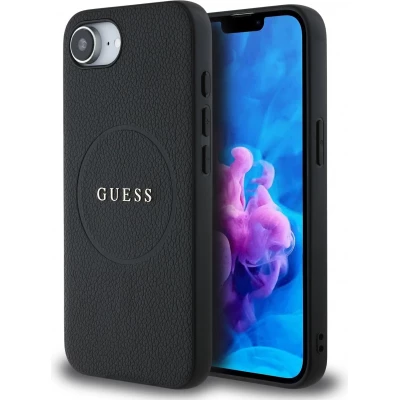Coque iPhone 17e / 16e - Guess Classic Logo MagSafe en cuir grain&eacute; - Noir