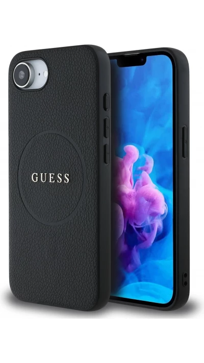 Coque iPhone 17e / 16e - Guess Classic Logo MagSafe en cuir grain&eacute; - Noir