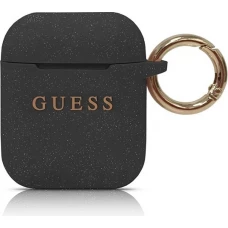 AirPods 1 / 2 Case H&uuml;lle - Guess Silikon Glitzer Pailletten - Schwarz