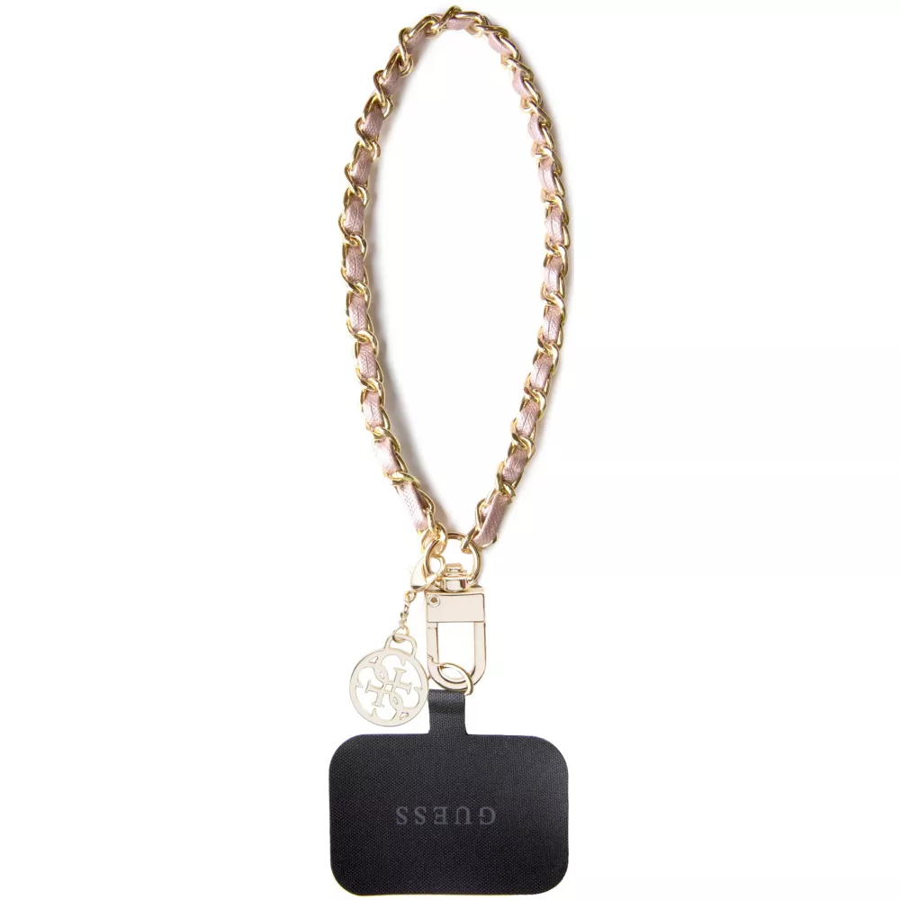 Guess abnehmbarer Handgelenkriemen aus goldenen Gliedern und Kunstlederschnürsenkel mit Charm-Anhänger - Rosa