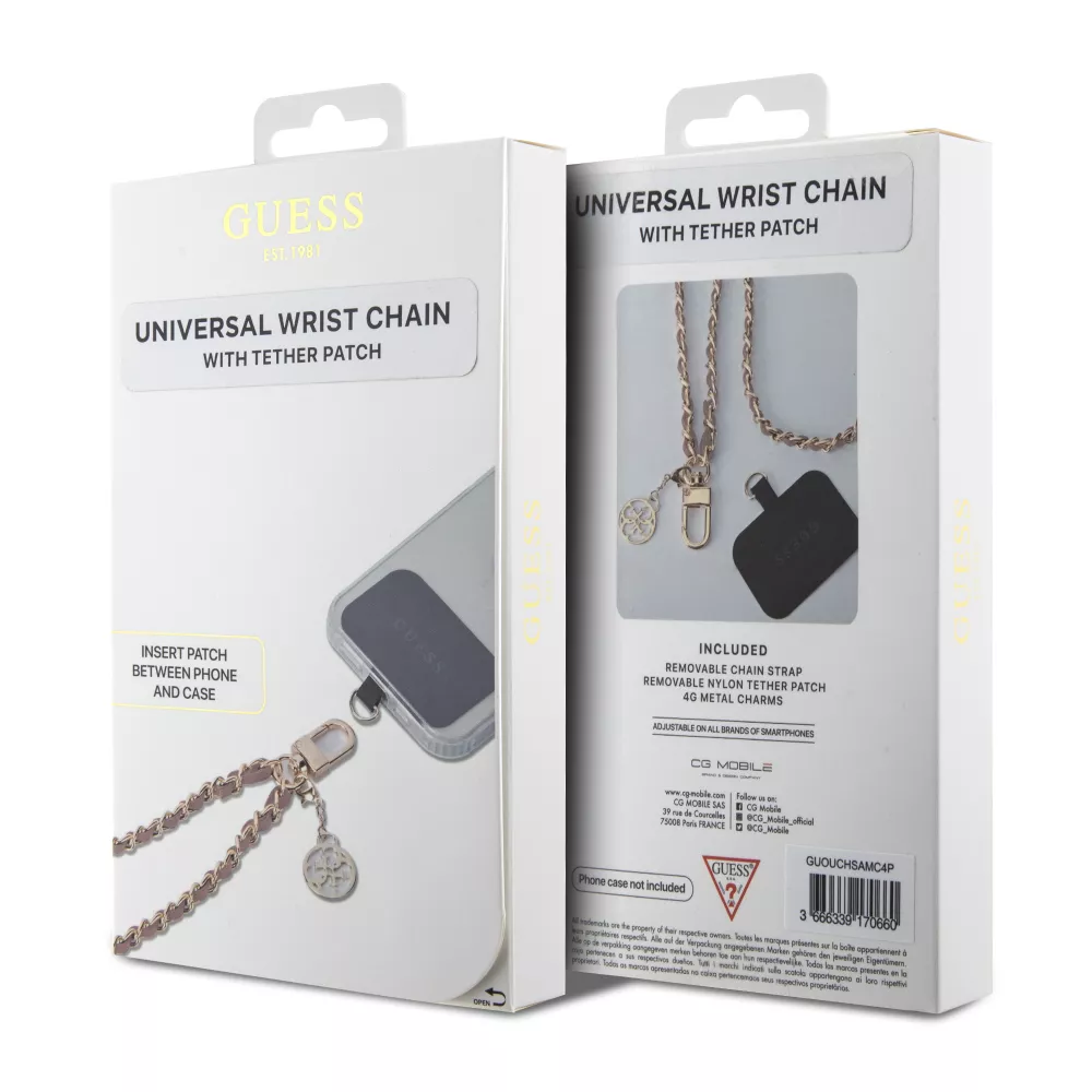 Guess abnehmbarer Handgelenkriemen aus goldenen Gliedern und Kunstlederschnürsenkel mit Charm-Anhänger - Rosa