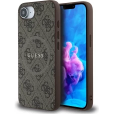 Coque iPhone 16e - Guess monogramme similicuir avec MagSafe int&eacute;gr&eacute; - Brun