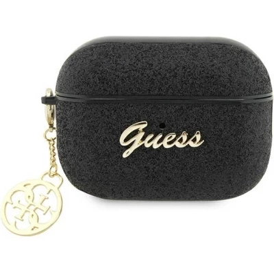 Coque AirPods Pro / Pro 2 - Guess paillettes avec logo en m&eacute;tal dor&eacute; - Noir