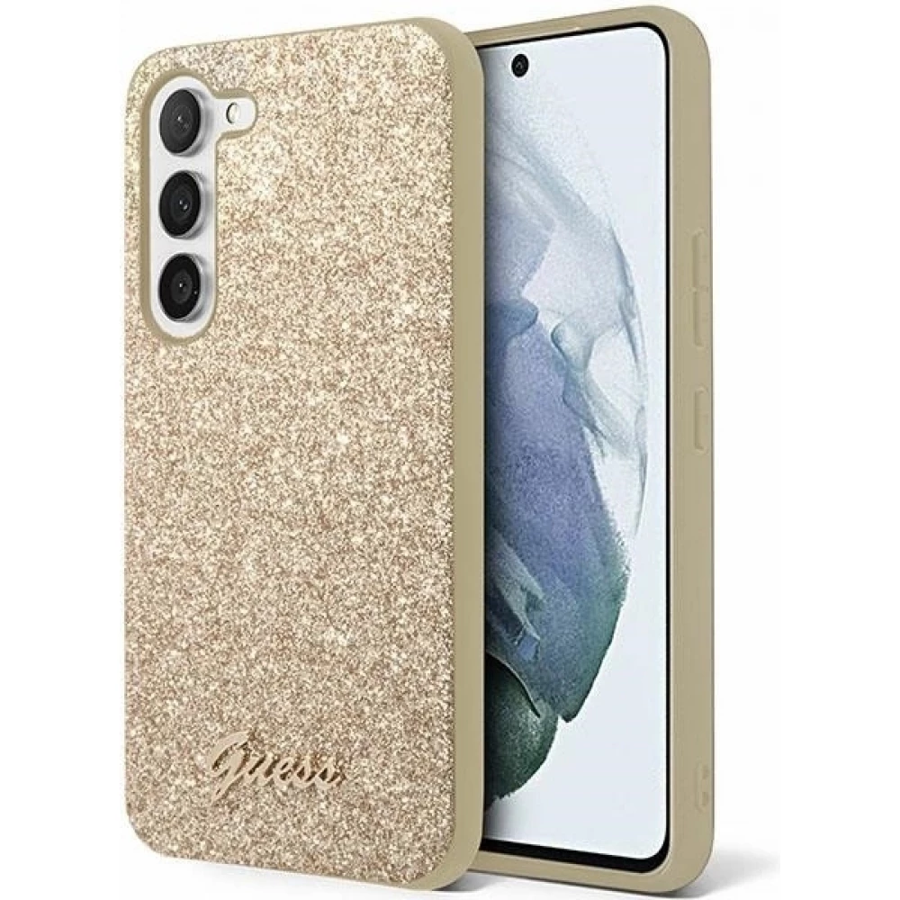Coque Samsung Galaxy S24 Ultra - Guess paillettes or avec logo en m&eacute;tal dor&eacute; - Or
